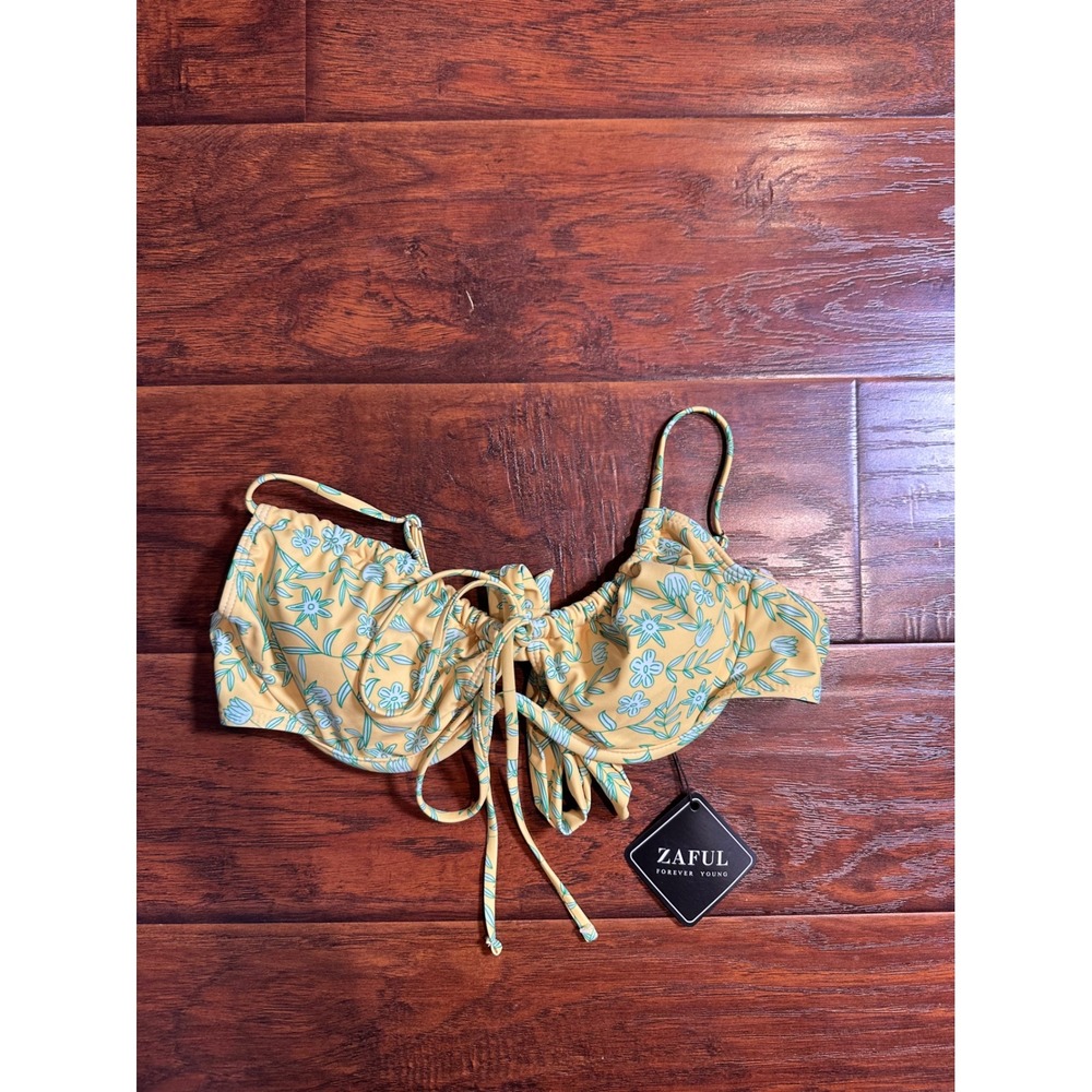 ZAFUL Womens Yellow Floral Underwire Bikini‎ Top Ruched Tie Front Swim